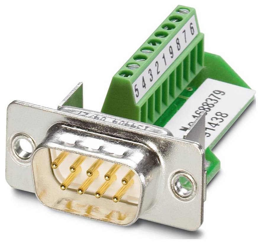Zobrazený je konektor DB9 so zeleným terminálovým blokom. Terminálový blok je označený číslami 9 až 3 a písmenami P9.
