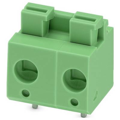 Zelený blok svoriek s dvoma polohami s vrchnými konektormi na drôt a dvoma montážnymi kolíkmi, ktorý sa používa na elektrické pripojenia.