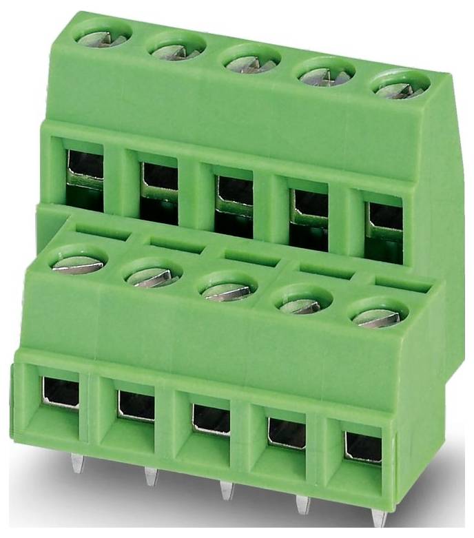 Zelený terminálny blok s dvoma radami skrutkovacích konektorov na elektrickú inštaláciu. Typicky sa používa na zapájanie v elektronických zariadeniach.
