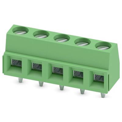 Zelený päťpolohový skrutkový svorkovací blok s uhlovanými konektormi na pripájanie elektronických dosiek plošných spojov.
