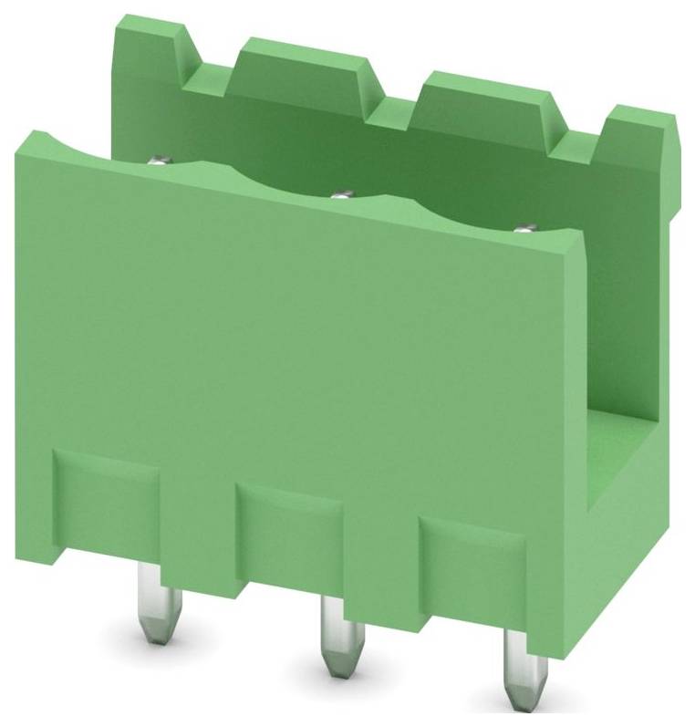 Zelený trojzvõtkový elektronický konektor s plastovým krytom navrhnutý na pripojenie na dosku s plošnými spoji.