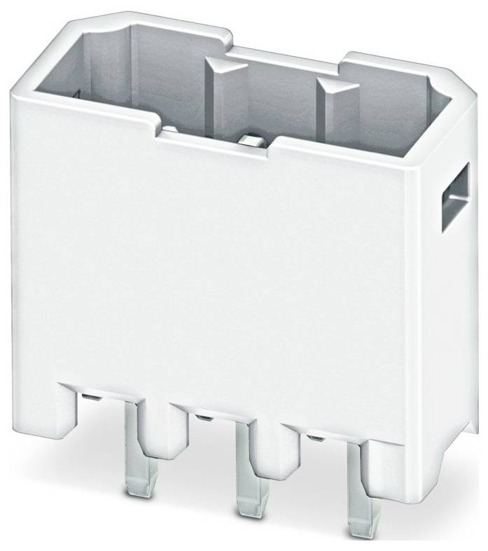 Biely elektrický konektor s tromi kovovými kolíkmi vystupujúcimi zo štvorcového plastového puzdra, používaný na zapájanie.