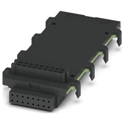 'Čierny elektronický konektor s mnohými kolíkmi a svorkami leží v uhle, pričom zobrazuje jeho prednú stranu a konektory.'
