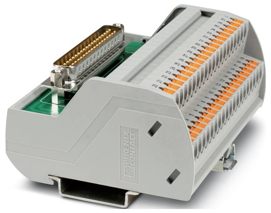 Modul konektora Phoenix Contact s označenými bodmi svorky, obsahujúci konektor DB25 a rôzne vstupné vodiče pre elektrické pripojenia.