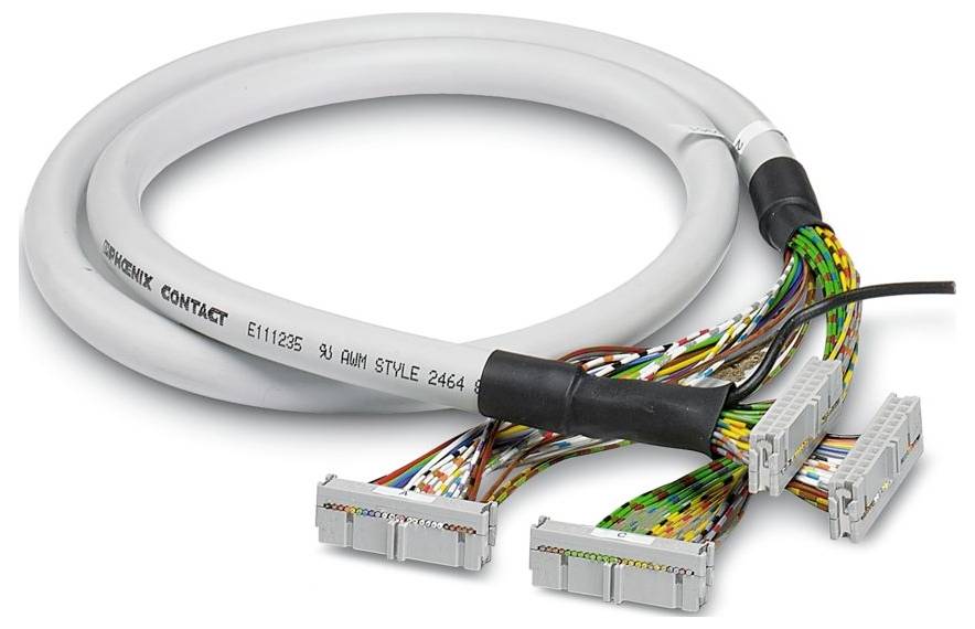 Zvinúť elektrický kábel so štyrmi viacfarebnými konektormi, označený nápisom "Phoenix Contact E111235 30V" na povrchu kábla.