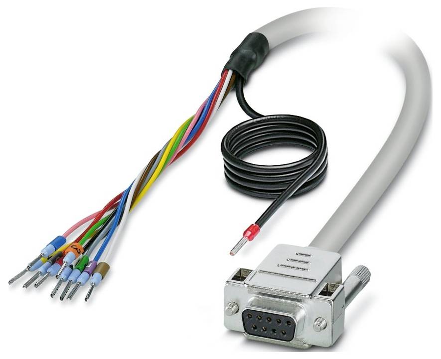 Viacfarebný kábel so 9-pinkovým konektorom a odstavenými, označenými vodičmi. Vhodný na pripojenie elektronických zariadení alebo obvodov.