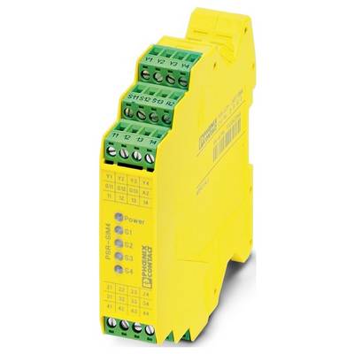 Žltý bezpečnostný relé modul Phoenix Contact s viacerými zelenými svorkovnicami, označený "PSR-SIM4", používaný v priemyselnej automatizácii.