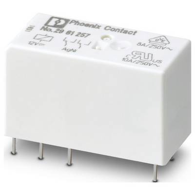 Relé modul Phoenix Contact s číslovom modelu 29 61 257, nominálny prúd 8A/250V. Obsahuje viacero pinov pre pripojenie a elektronické symboly.