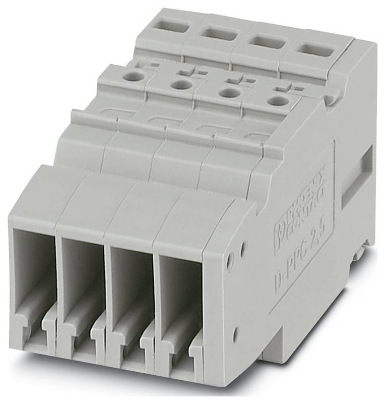 Sivý elektrický svorkovnicový blok so štyrmi zásuvkami na drôt.