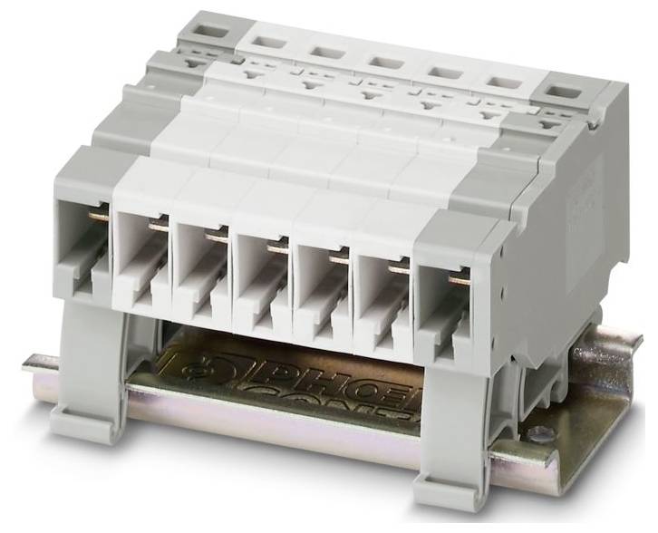 Päťsvorkový elektrický konektor pripevnený na kovovú lištu, používaný v priemyselných alebo elektronických systémoch rozvodov.