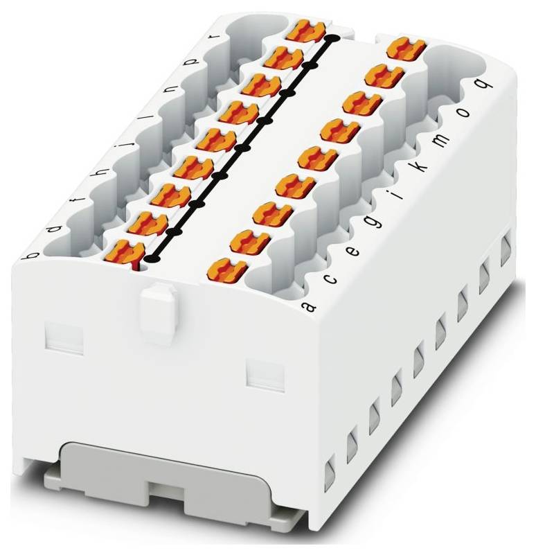 Elektrický zbiehač s viacerými oranžovými konektormi usporiadanými v radoch, označenými písmenami „a" až „q".