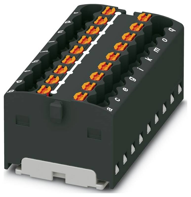 Čierny elektronický komponent s viacerými radmi oranžových konektorov a označenými portami pre elektrické pripojenia.