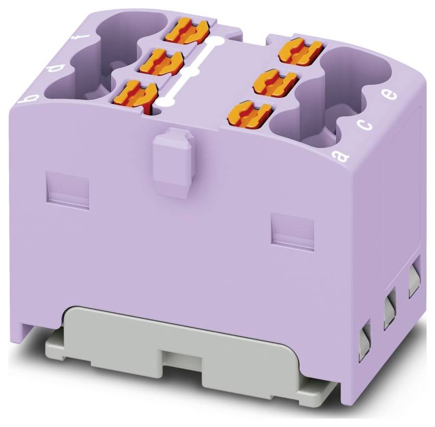 Fialový elektrický zvorka blok s viacerými konektormi a oranžovými pákami na zaistenie drôtov.