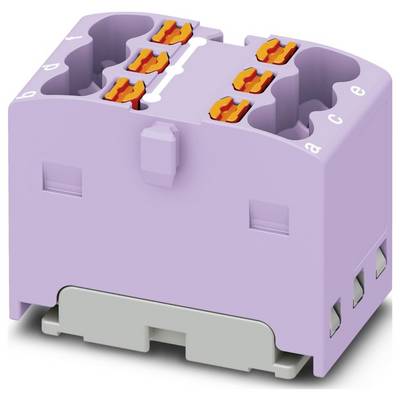 Fialový elektrický zvorka blok s viacerými konektormi a oranžovými pákami na zaistenie drôtov.
