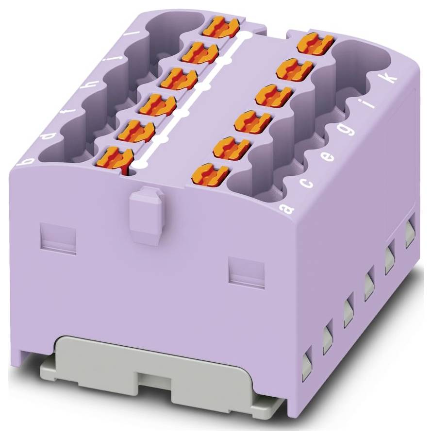 Fialový priechodný zbiehač s 16 pozíciami a oranžovými ovládačmi na elektrické pripojenia. Bočné označenia obsahujú písmená na identifikáciu.