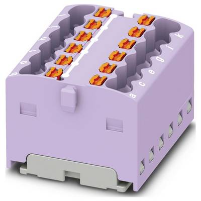 Fialový priechodný zbiehač s 16 pozíciami a oranžovými ovládačmi na elektrické pripojenia. Bočné označenia obsahujú písmená na identifikáciu.