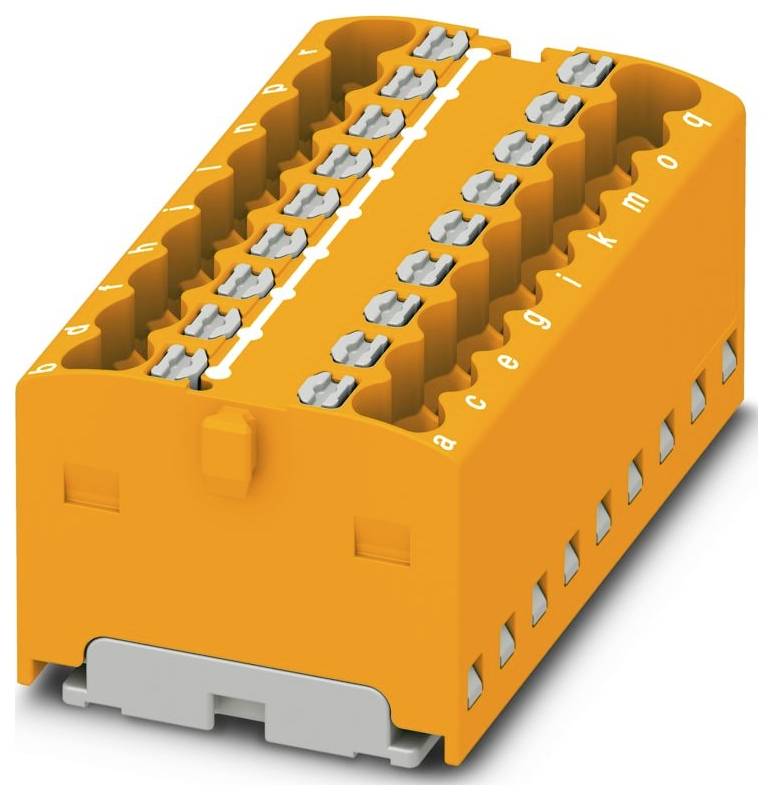 Blok elektrických konektorov s viacerými drážkami označenými od a do m. Sivé kovové konektory v oranžovom puzdre.