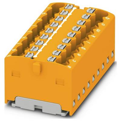 Blok elektrických konektorov s viacerými drážkami označenými od a do m. Sivé kovové konektory v oranžovom puzdre.