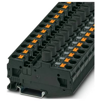 Čiernoožltý viacstykový konektorový blok používaný na priechodné vedenie v elektrických inštaláciách.