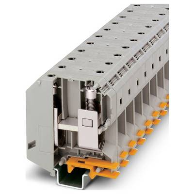 Rad modulárnych sivých elektroterminálov s oranžovými páčkami, navrhnutých na spájanie a organizáciu elektrických vedení v paneloch.