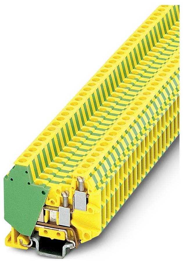 Žltý a zelený pruhovaný svorkovník s viacerými spojovacími bodmi, používaný na elektrické vedenie a ochranu obvodu.