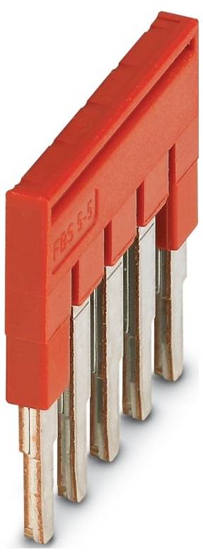 Červený blok elektrickej konektor s piatimi kovovými kolíkmi, označený 'FBS 5-5'.