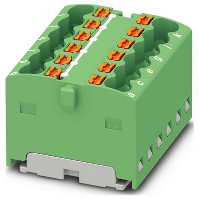 Zelený terminálov blok s ôsmimi pármi oranžových spojovacích klipov usporiadaných v dvoch radoch, označené od a do g, používané pre elektrické zapojenie.