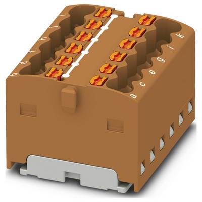 Hnedý elektrický svorkovnicový blok s viacerými prípojnými bodmi, označený písmenami od a do k, používaný na organizáciu elektrických obvodov.