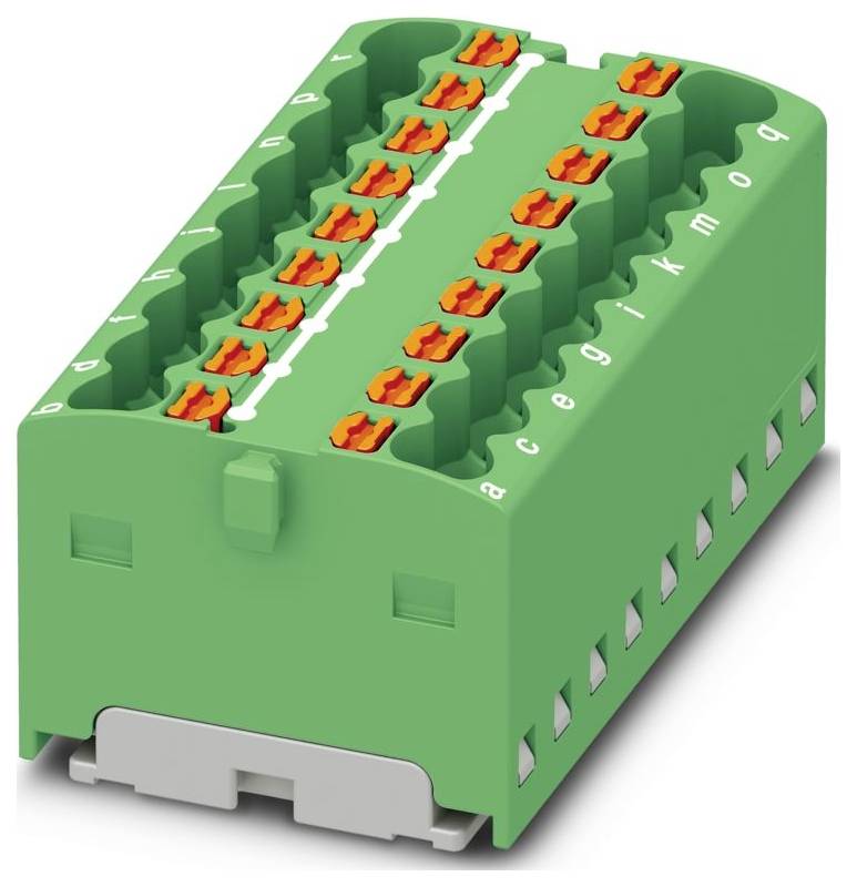 Zelený zásuvný blok s niekoľkými oranžovými konektormi, označený 'a' až 'q'. Používa sa na drôtové spojenia v elektrických systémoch.