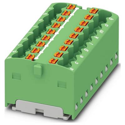 Zelený zásuvný blok s niekoľkými oranžovými konektormi, označený 'a' až 'q'. Používa sa na drôtové spojenia v elektrických systémoch.