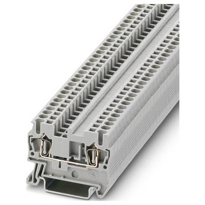 Elektrický terminálny blok s viacerými prípojnými bodmi, s sivým plastovým tele a kovovými konektormi, používaný na vedenie drôtov.