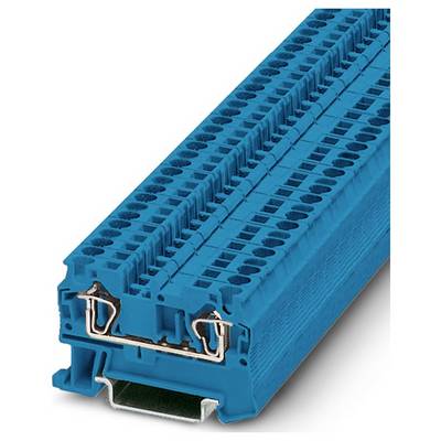 Modrý zásuvný blok s dvomi radami prípojných bodov, používaný na elektrickú inštaláciu; obsahuje kovové vstavovacie spony na oboch koncoch.