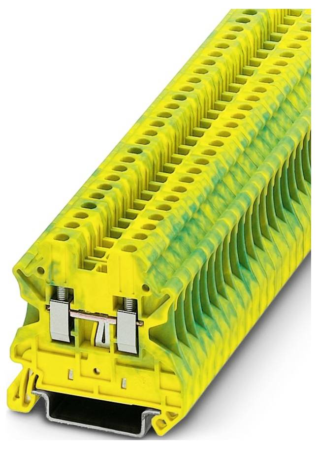 Žltý a zelený viacúrovňový svorkovnicový blok s mnohými spojovacími bodmi, používaný na organizáciu a zabezpečenie elektrických vodičov.