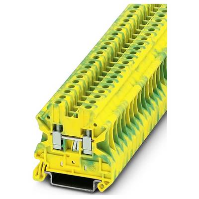 Rad zapojených zelených a žltých svorkovníc používaných na elektrické pripojenia, s viacerými portami a vodivými kovovými svorkami.