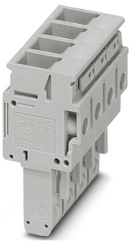 Sivý termináľový blok Phoenix Contact, model TYP UP 6, so šírkou 6 mm, hodnotením 1000V 41A, vybavený viacerými konektormi na elektrické vedenia.