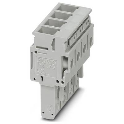 Sivý termináľový blok Phoenix Contact, model TYP UP 6, so šírkou 6 mm, hodnotením 1000V 41A, vybavený viacerými konektormi na elektrické vedenia.