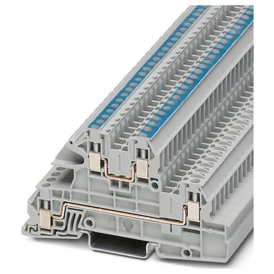 Sivý elektrický svorkovnicový blok s viacerými spojovacími bodmi, vybavený modrými značkovacími páskami na vrchu, navrhnutý pre efektívnu správu káblov.