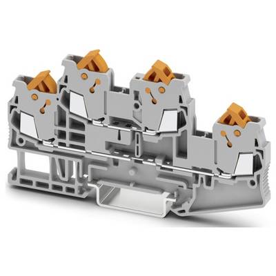 Sivý a oranžový elektrický zacvakovací blok so štyrmi bodmi pripojenia, navrhnutý pre bezpečné pripojenie vodičov v elektrických systémoch.