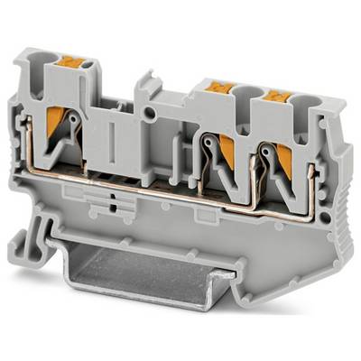 Šedý a oranžový elektrický spojovací blok s viacerými bodmi pripojenia a kovovou základňou, používaný na upevňovanie a usporiadanie vedení.