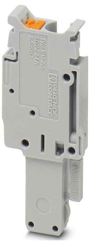 Sivý terminálny blok poistky Phoenix Contact typu PT 2.5, s hodnotením 800V, 24A, 2,5mm², s oranžovou pákou na vrchu pre pripojenie.
