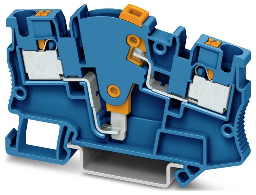 Modrý a oranžový elektrickej svorkovnicový blok zobrazujúci vnútorné spojenia a komponenty na správu káblov a bezpečné elektrické spojenia.