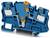 Modrý a oranžový elektrickej svorkovnicový blok zobrazujúci vnútorné spojenia a komponenty na správu káblov a bezpečné elektrické spojenia.
