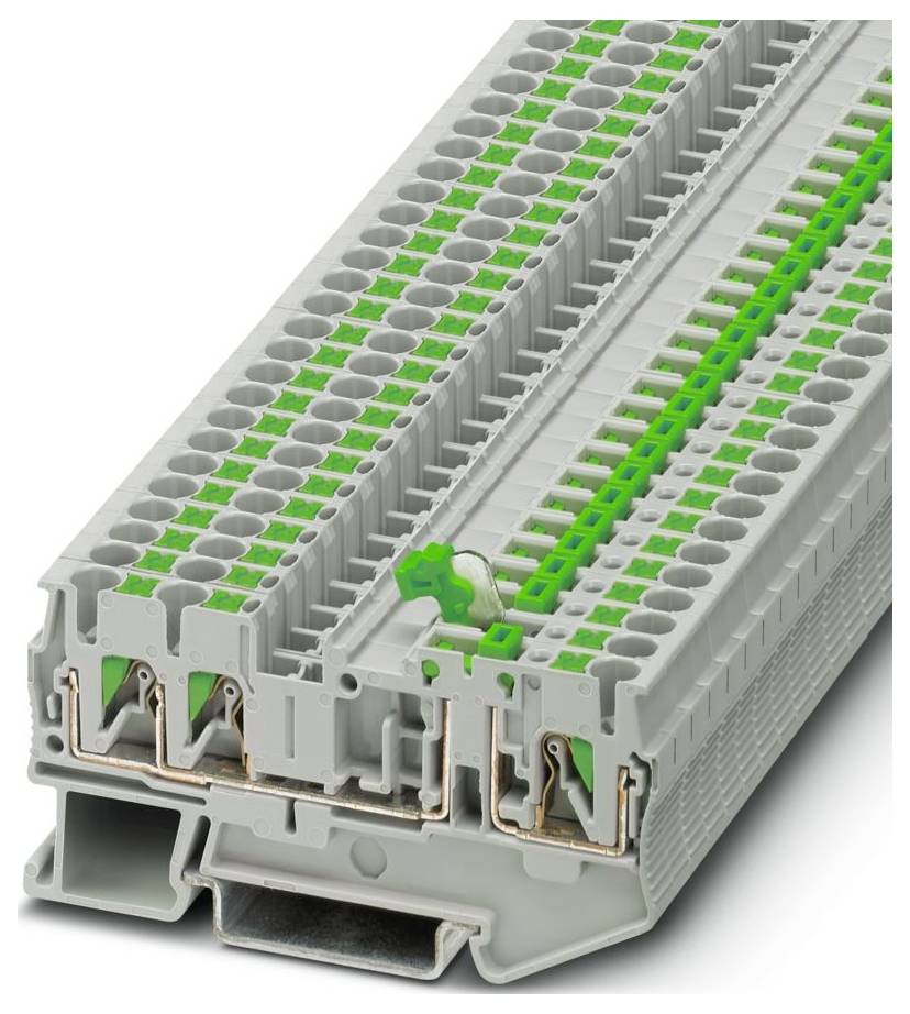 Sivý a zelený svorkovník používaný v elektrických obvodoch, s viacerými bodmi zapojenia vodiča a kompaktným dizajnom.