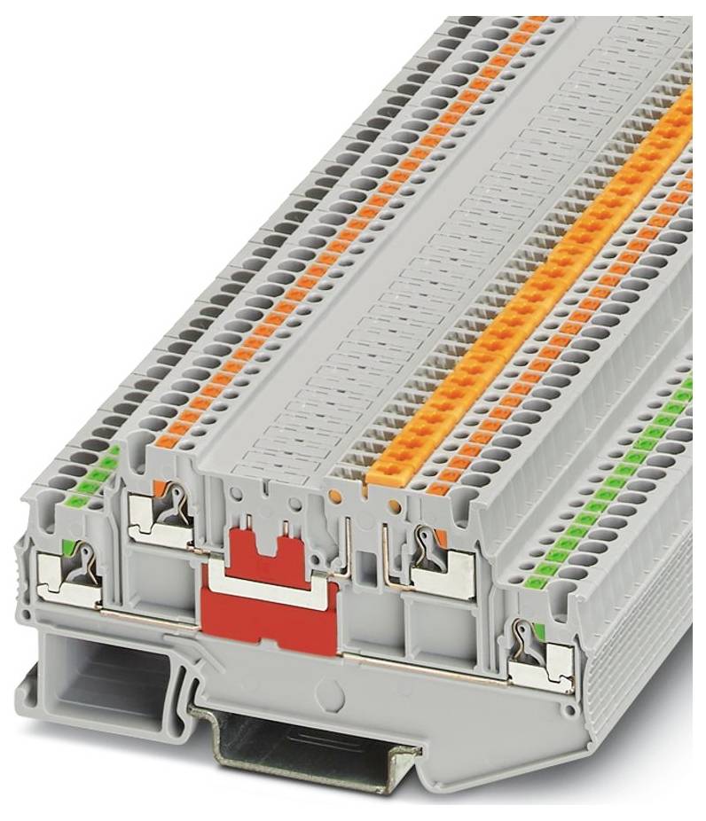 Sivý elektrický svorkovnicový blok s oranžovými, žltými a zelenými kanálmi, používaný na pripájanie a organizáciu elektrického vedenia v elektrických systémoch.