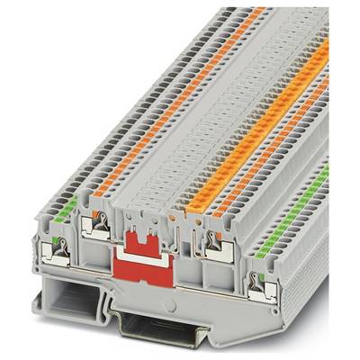 Sivý elektrický svorkovnicový blok s oranžovými, žltými a zelenými kanálmi, používaný na pripájanie a organizáciu elektrického vedenia v elektrických systémoch.