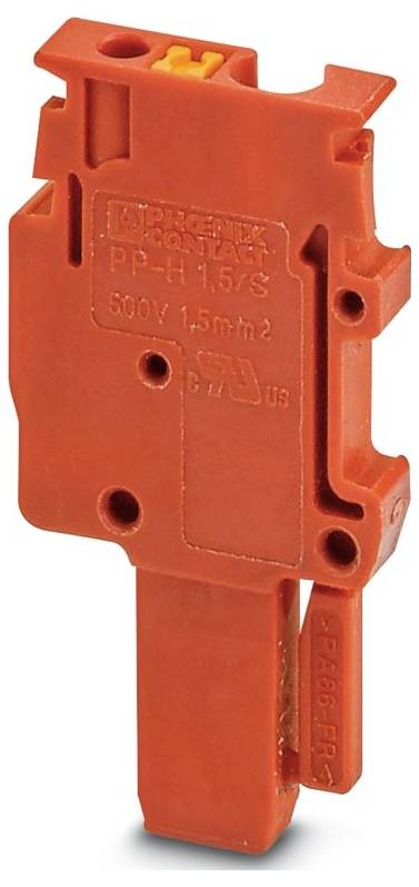 Oranžová elektronická súčiastka označená 'PHOENIX CONTACT PP-H 1.5/S 300V 1.5mm²', používaná na elektrické pripojenia.