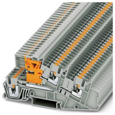 Detailný pohľad na sivý a oranžový elektrickejší zložitostný blok používaný na pripájanie vedení v elektrických systémoch, zobrazujúci viacero prípojných bodov.
