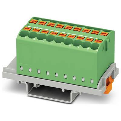 Zelený modulárny zbiehavý blok s ôsmimi oranžovými páčkovými konektormi, namontovaný na sivej lište.