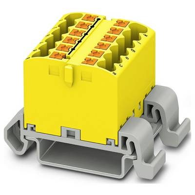 Žltý modulárny elektrický priechodný blok s oranžovými konektormi na vrchu, namontovaný na sivej základni na upevňovanie elektrických vodičov a komponentov.