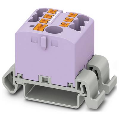 Fialový priechodkový blok s oranžovými zásuvkami umiestnený na sivej základni, pravdepodobne používaný na elektrické pripojenia.